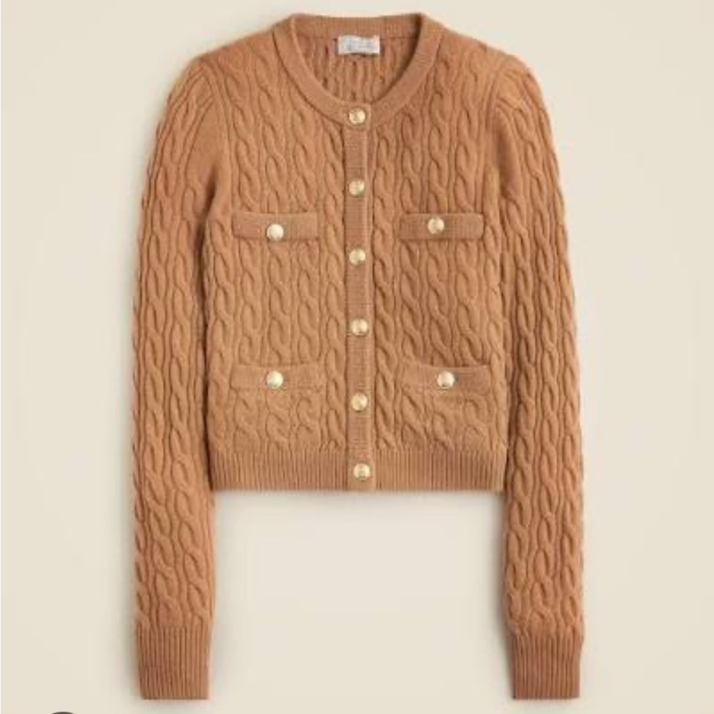100% Cashmere Cable Knit Carmel Sweater with Gold Buttons